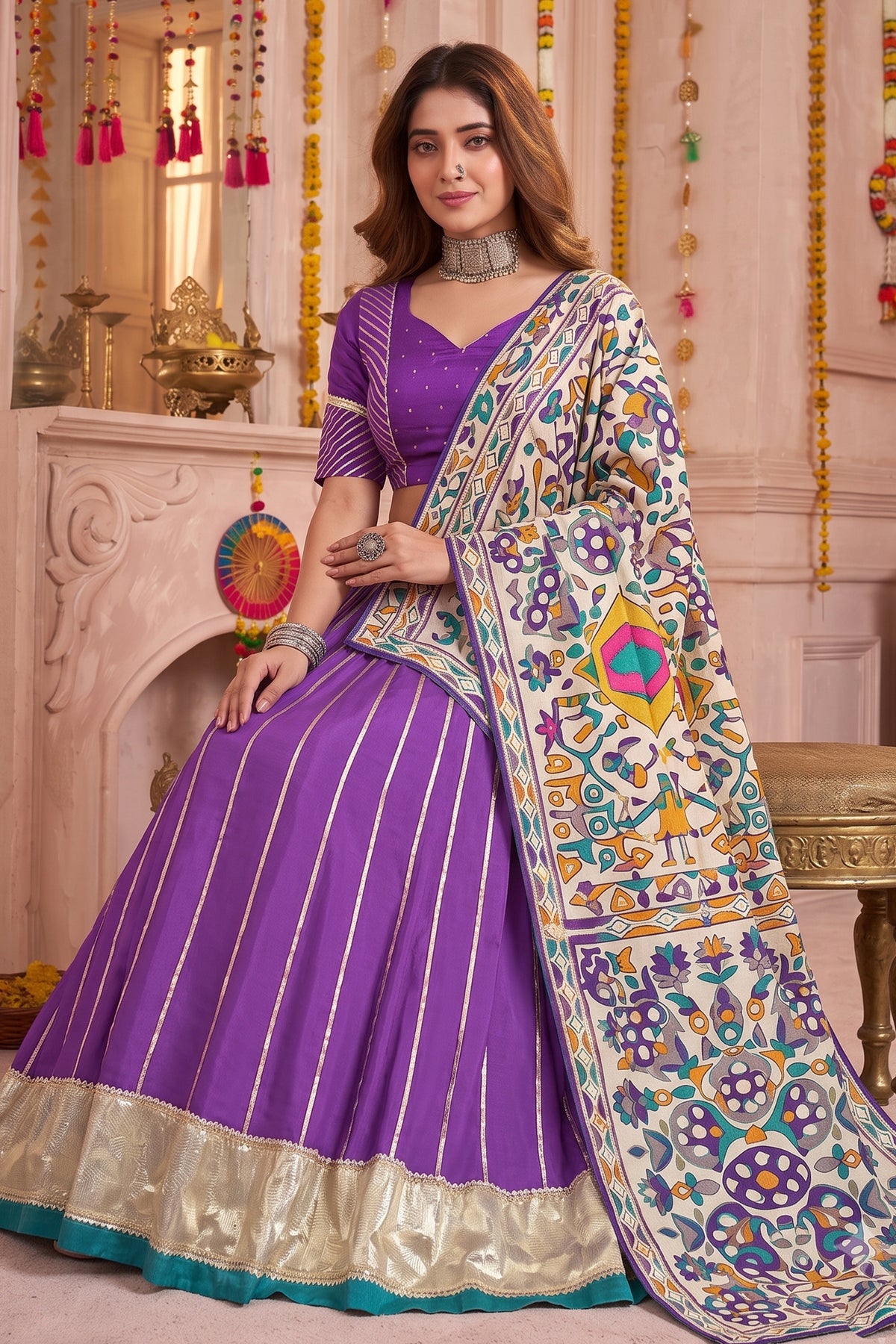 Purple Chanderi Gota Patti Lehenga with Printed Dupatta