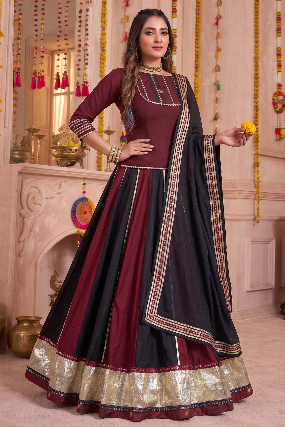 Multi Colored Chinon Lehenga