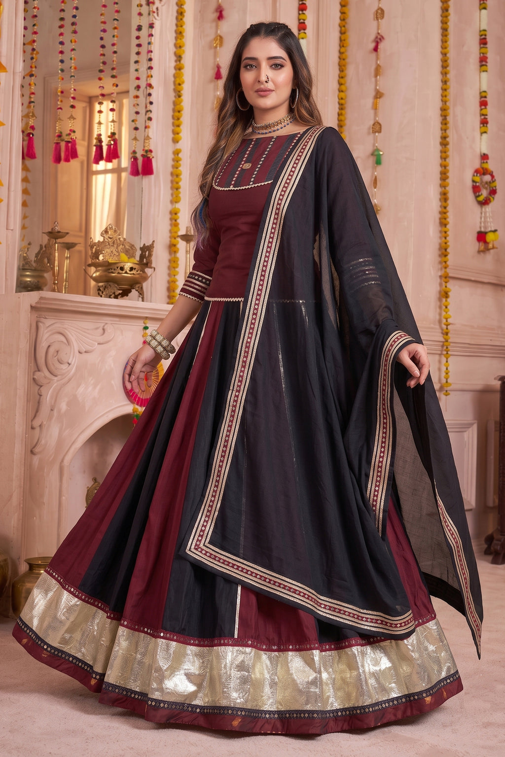Multi Colored Chinon Lehenga