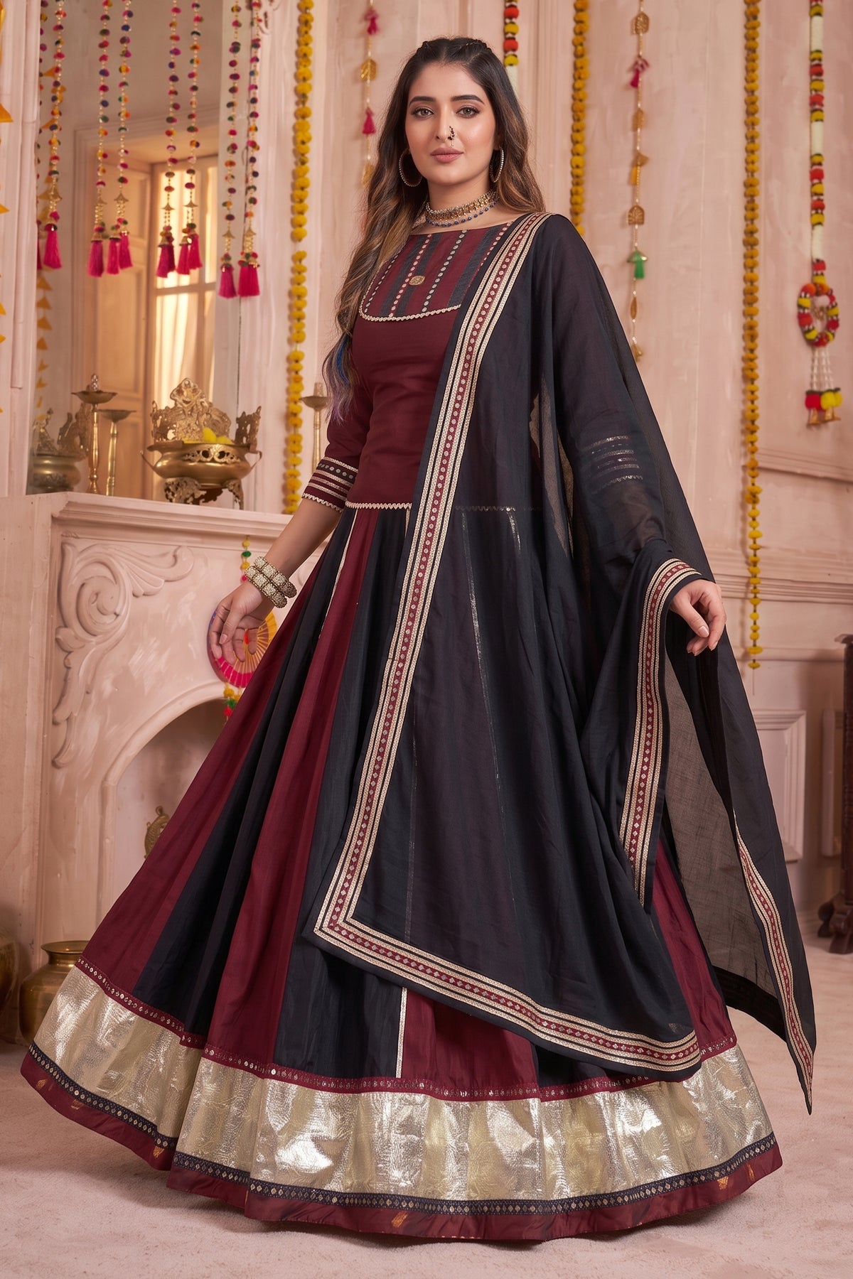 Multi Colored Chinon Lehenga