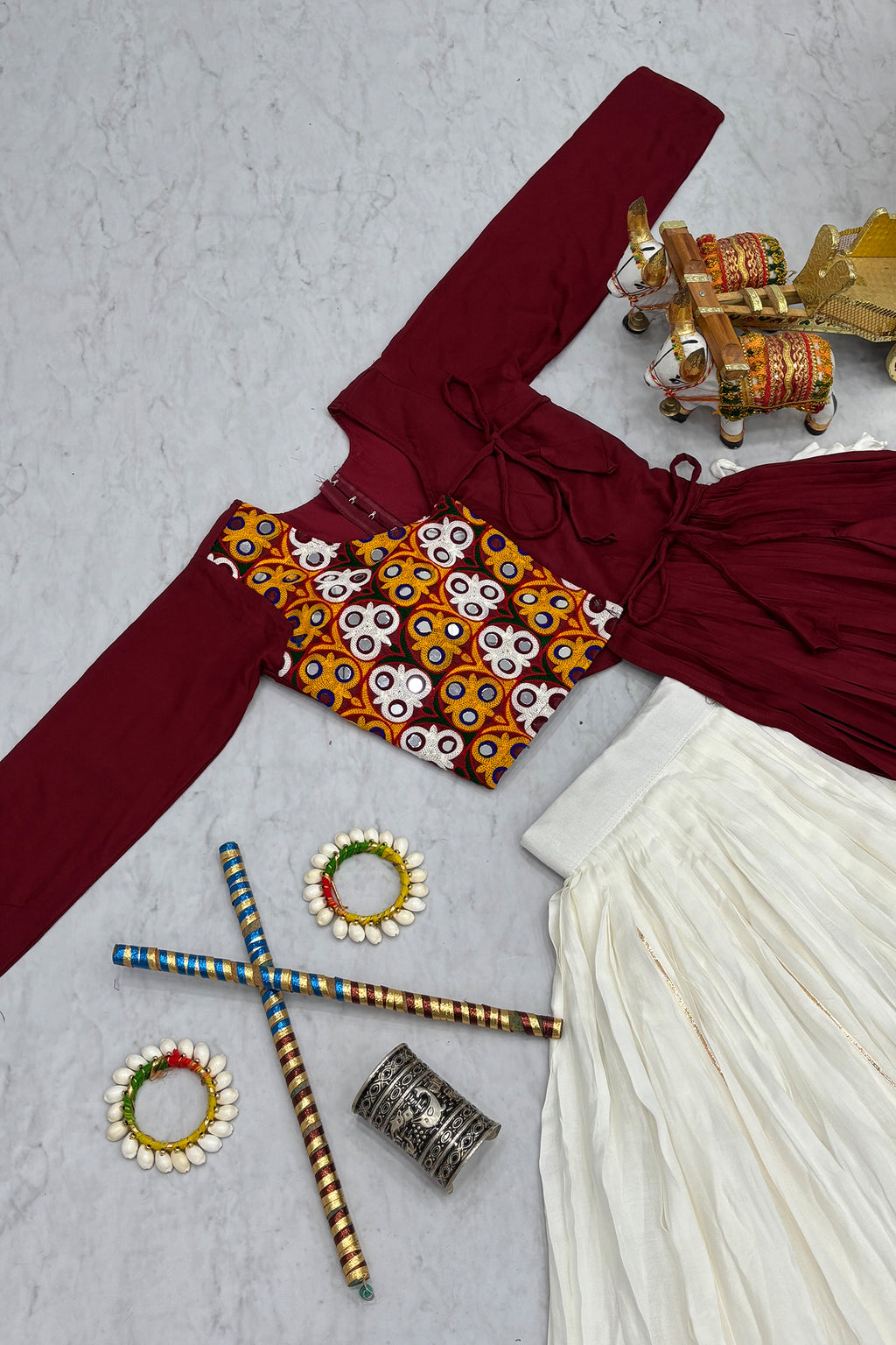Off White and Maroon Cotton Kachchi Work Lehenga