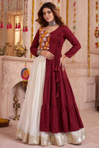 Off White and Maroon Cotton Kachchi Work Lehenga
