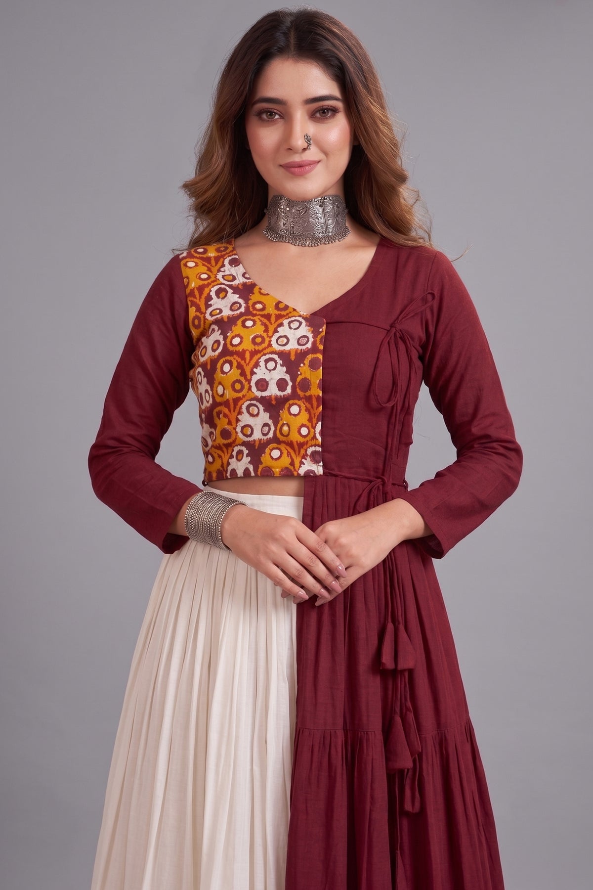 Off White and Maroon Cotton Kachchi Work Lehenga