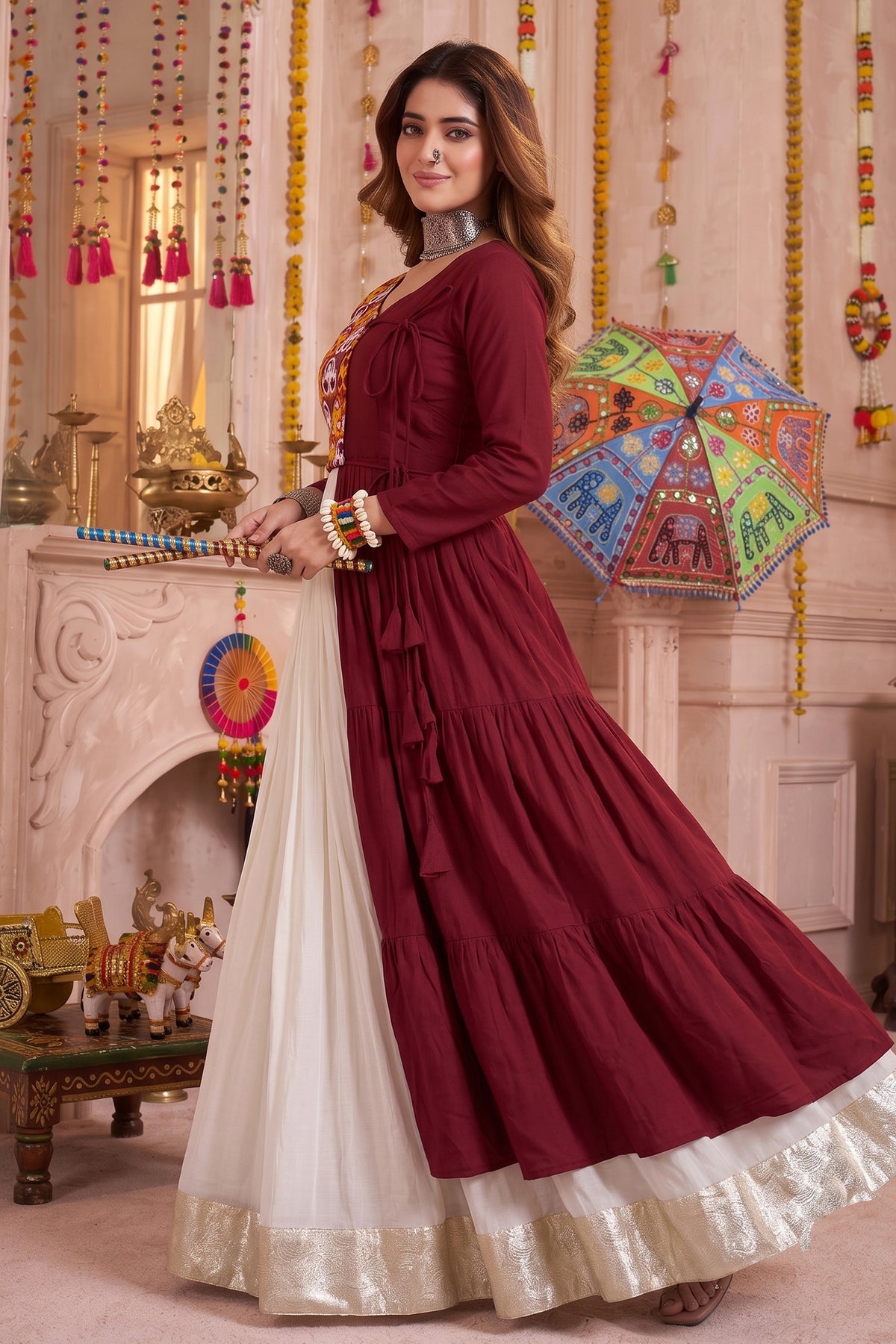 Off White and Maroon Cotton Kachchi Work Lehenga
