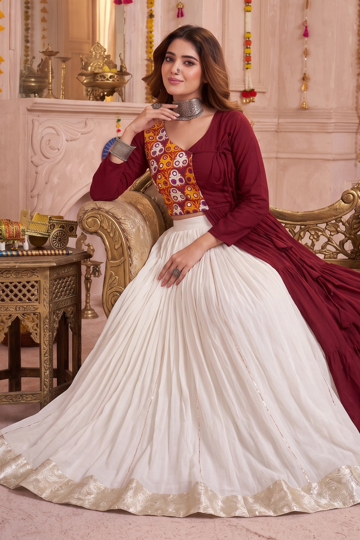 Off White and Maroon Cotton Kachchi Work Lehenga