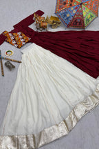 Off White and Maroon Cotton Kachchi Work Lehenga