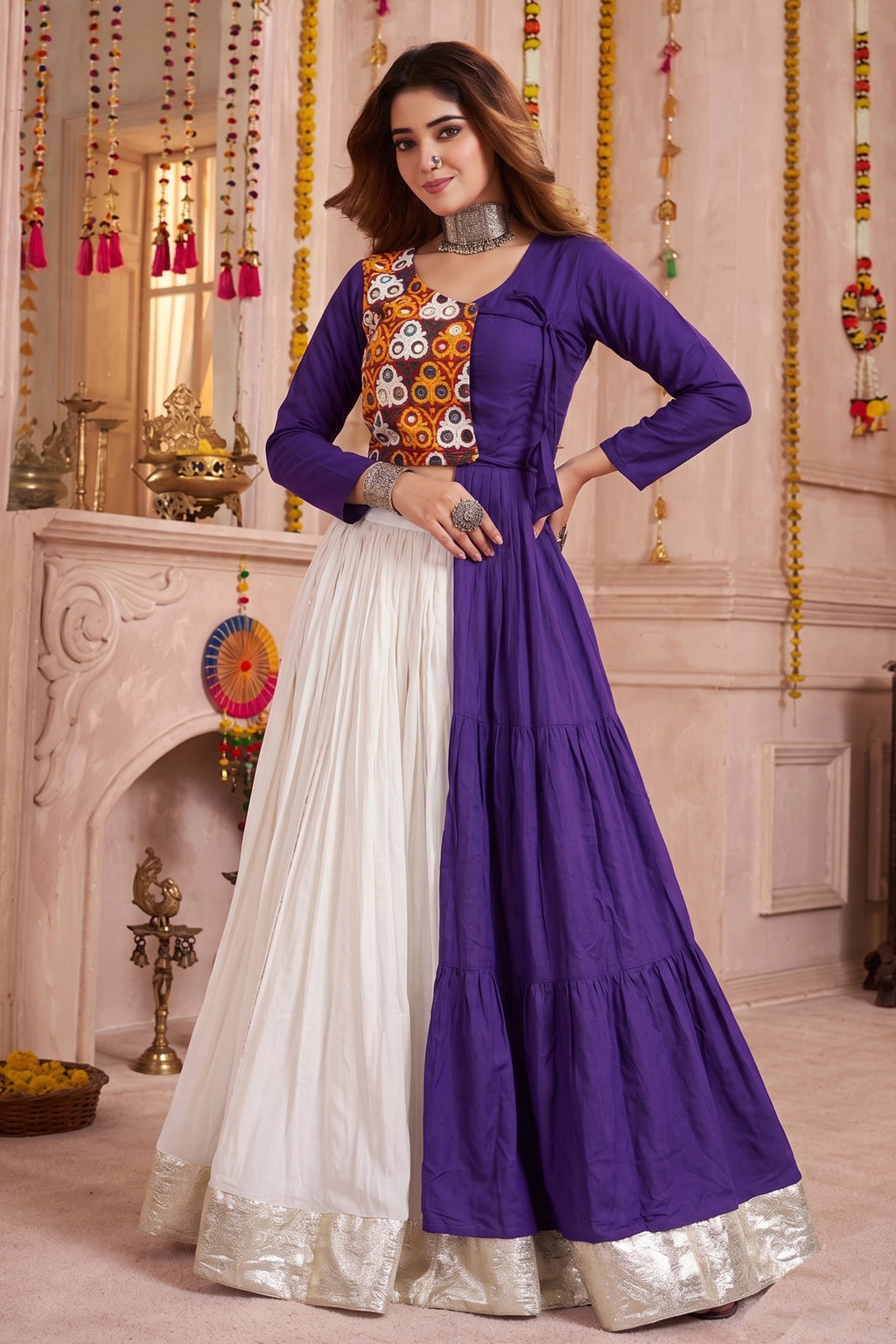Off White and Purple Cotton Kachchi Work Lehenga