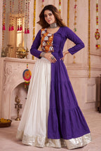 Off White and Purple Cotton Kachchi Work Lehenga