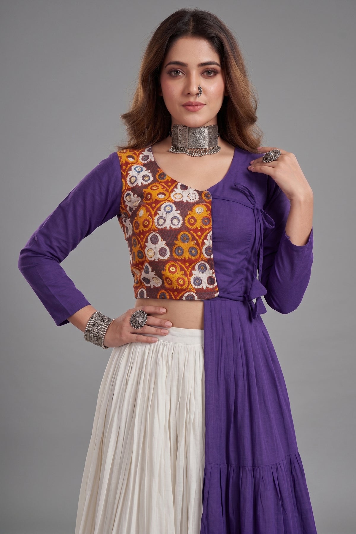 Off White and Purple Cotton Kachchi Work Lehenga