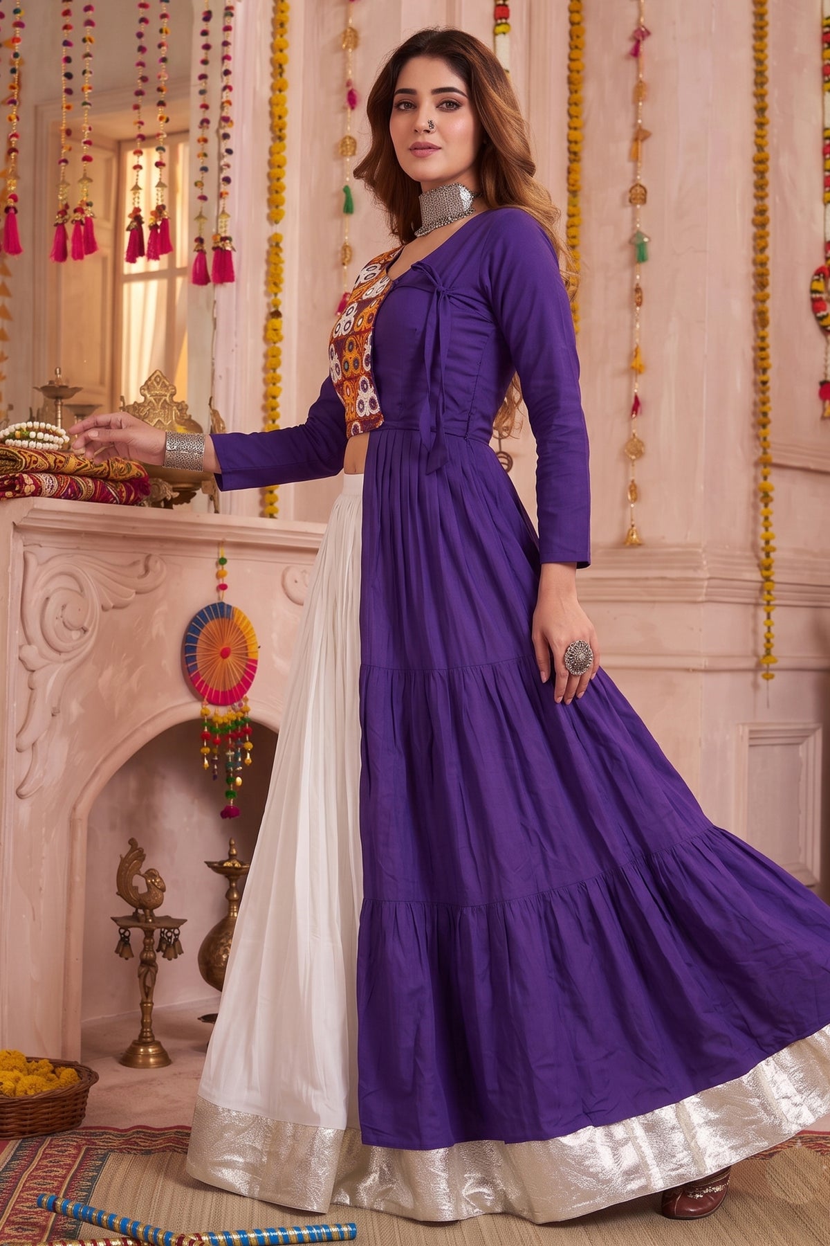 Off White and Purple Cotton Kachchi Work Lehenga