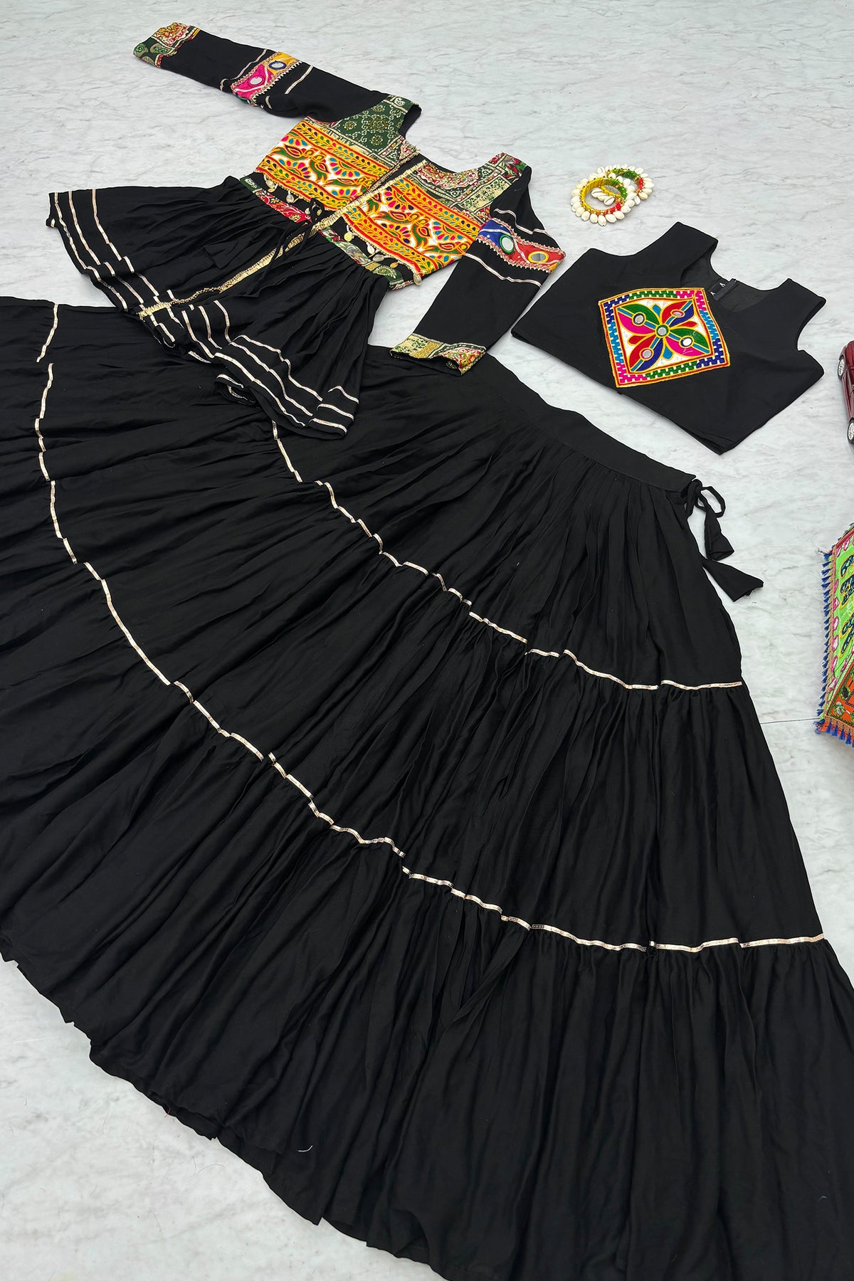 Black Cotton Kachchi Work Peplum Style Flared Lehenga
