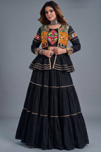 Black Cotton Kachchi Work Peplum Style Flared Lehenga