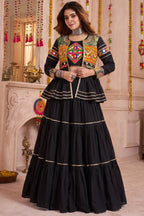 Black Cotton Kachchi Work Peplum Style Flared Lehenga
