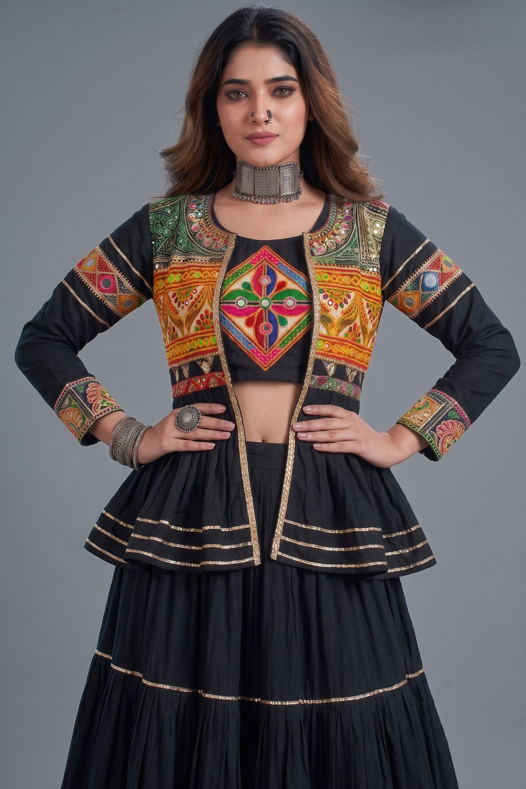Black Cotton Kachchi Work Peplum Style Flared Lehenga