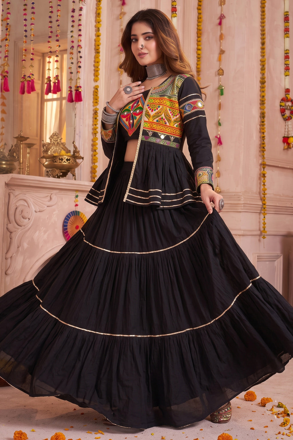 Black Cotton Kachchi Work Peplum Style Flared Lehenga