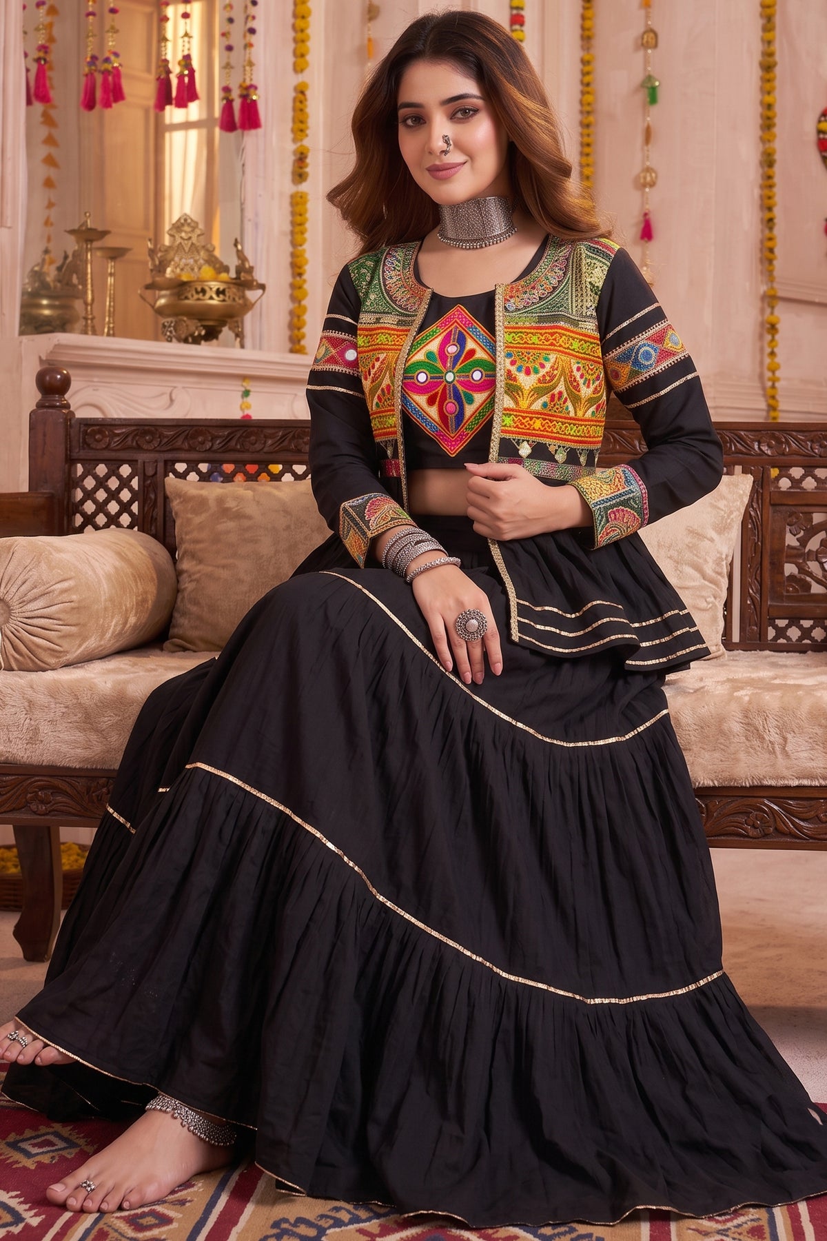 Black Cotton Kachchi Work Peplum Style Flared Lehenga