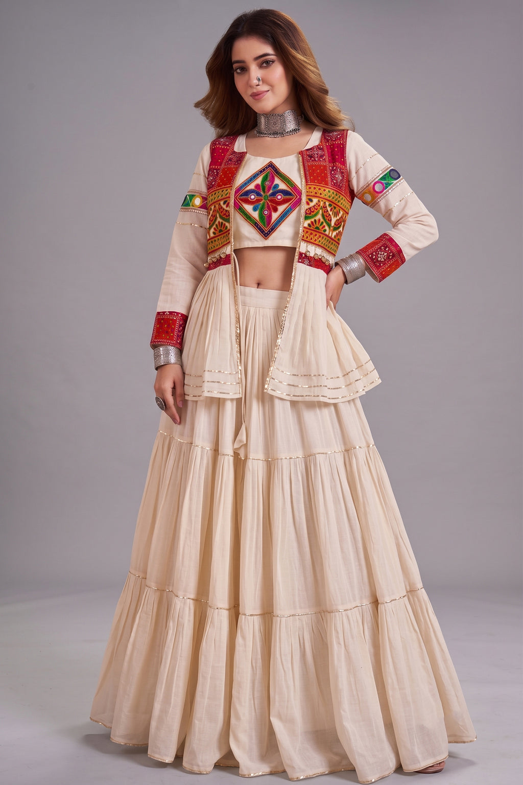 Cream Cotton Kachchi Work Peplum Style Flared Lehenga