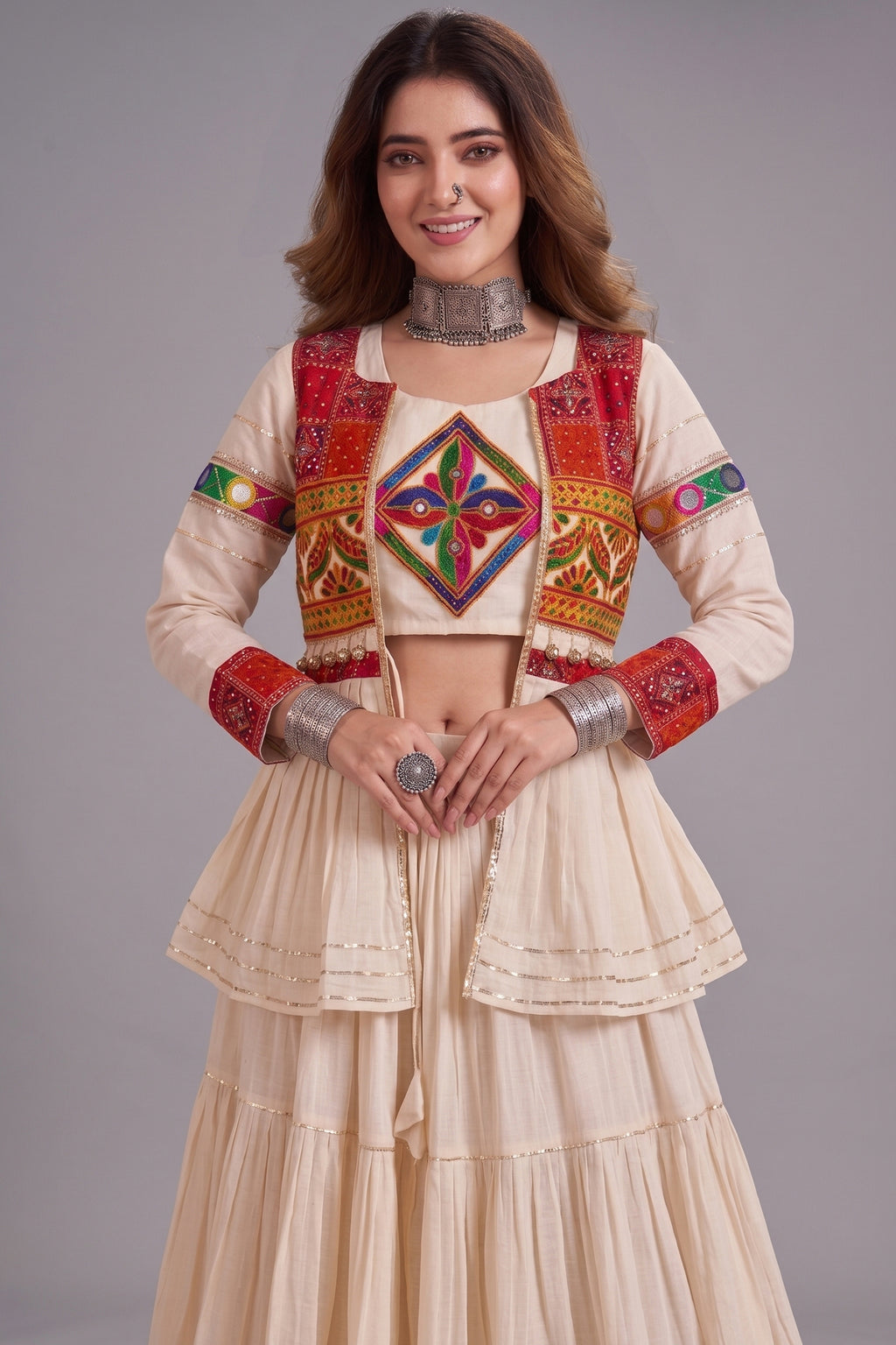 Cream Cotton Kachchi Work Peplum Style Flared Lehenga