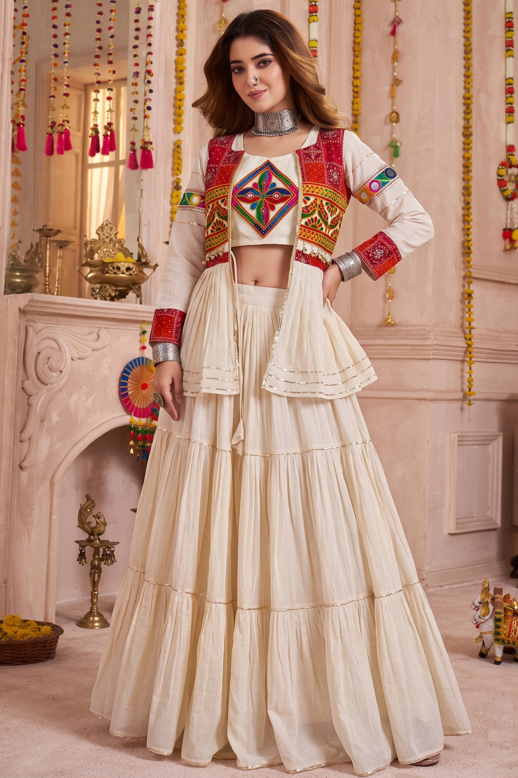 Cream Cotton Kachchi Work Peplum Style Flared Lehenga