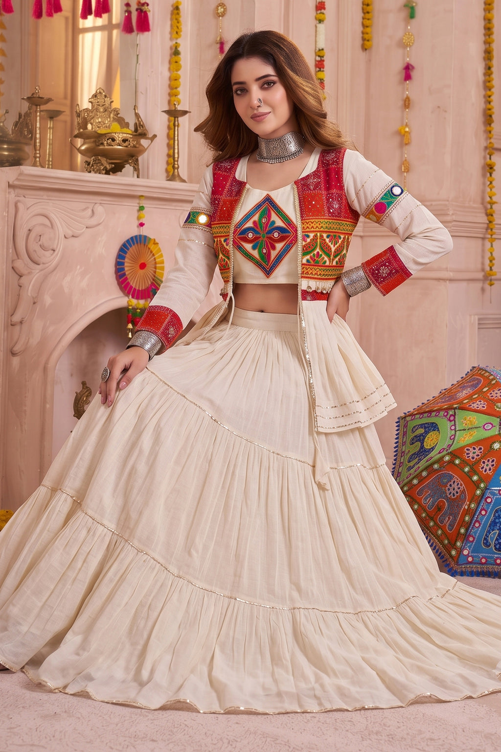 Cream Cotton Kachchi Work Peplum Style Flared Lehenga