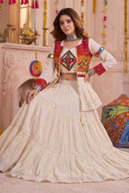 Cream Cotton Kachchi Work Peplum Style Flared Lehenga