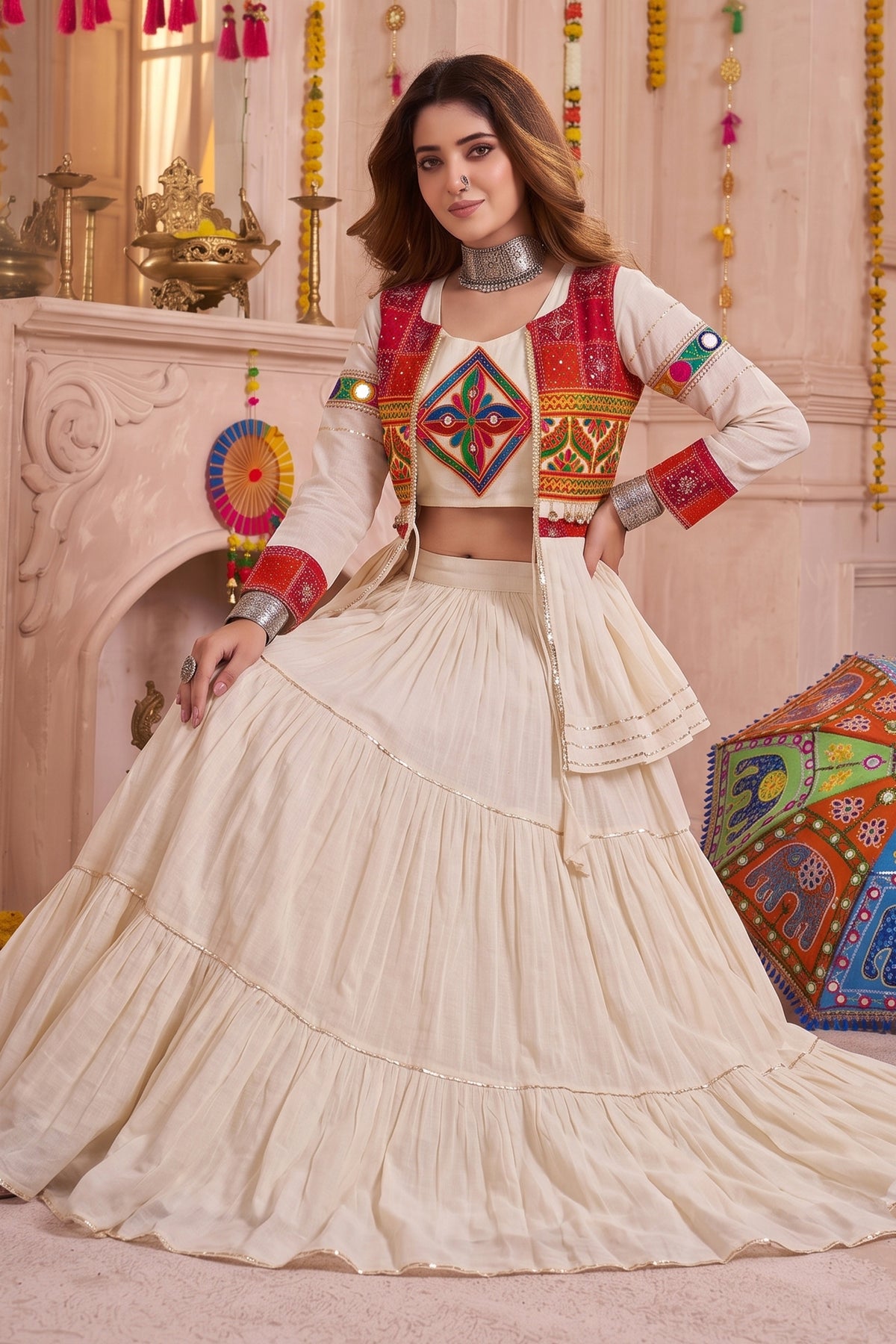 Cream Cotton Kachchi Work Peplum Style Flared Lehenga
