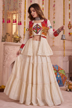Cream Cotton Kachchi Work Peplum Style Flared Lehenga