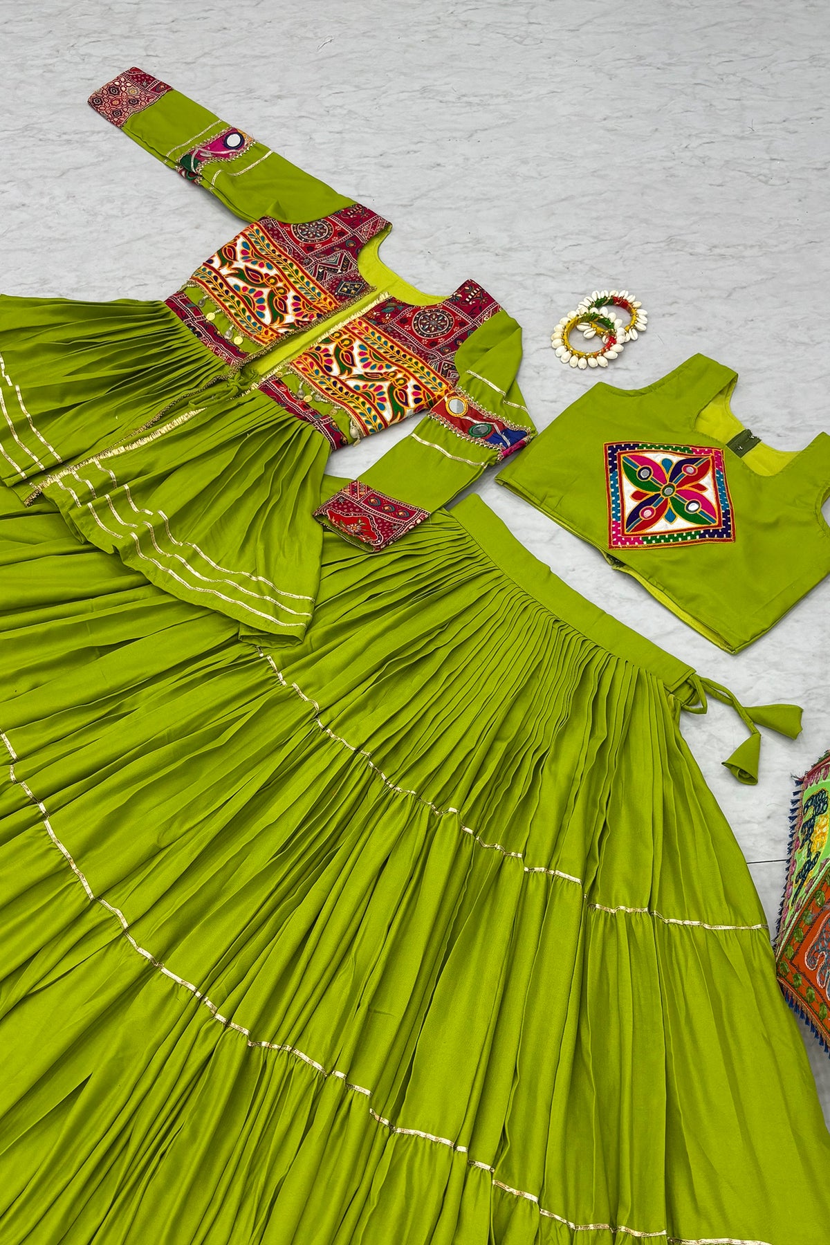 Parrot Green Cotton Kachchi Work Peplum Style Flared Lehenga