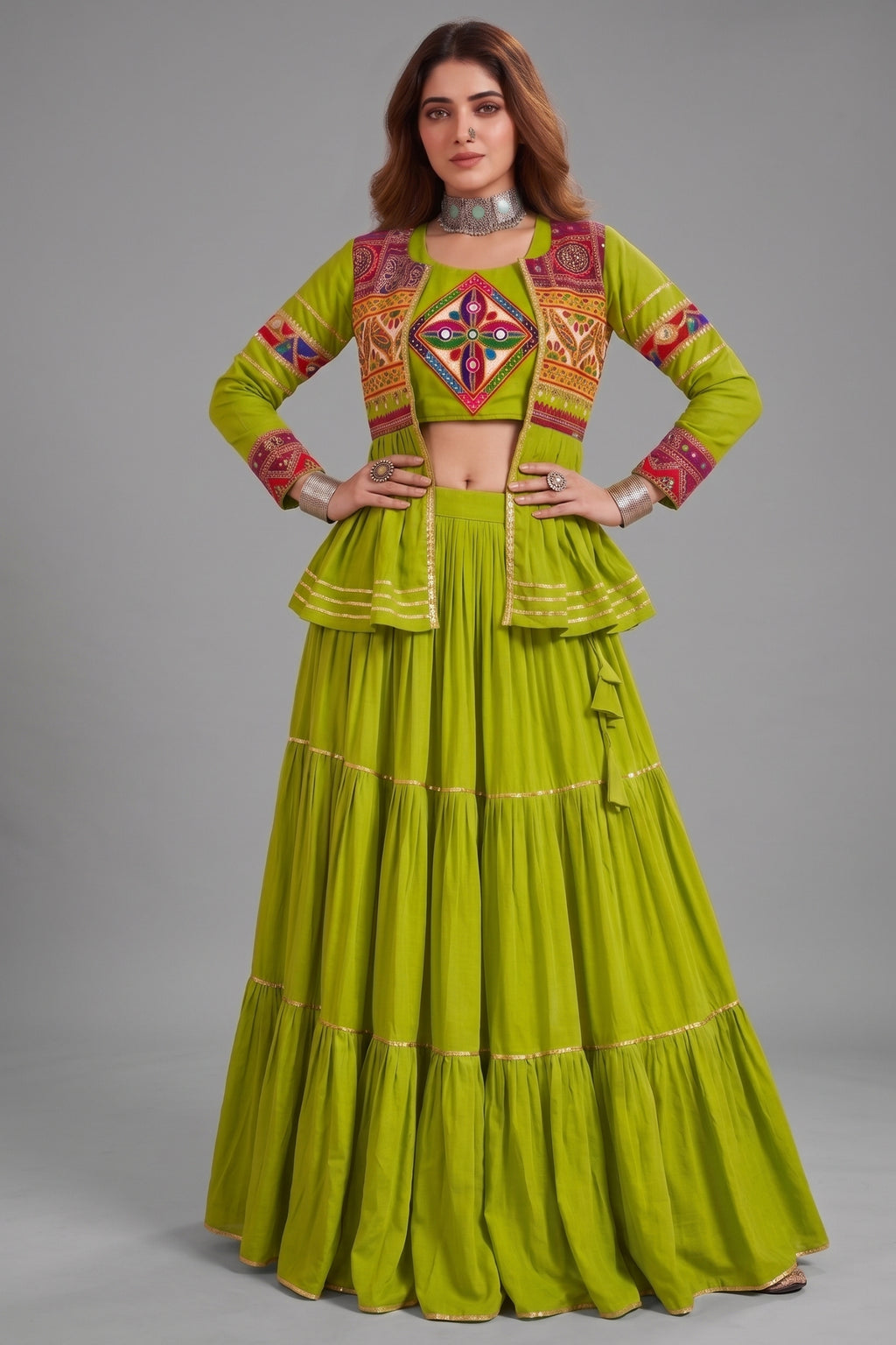 Parrot Green Cotton Kachchi Work Peplum Style Flared Lehenga