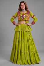 Parrot Green Cotton Kachchi Work Peplum Style Flared Lehenga