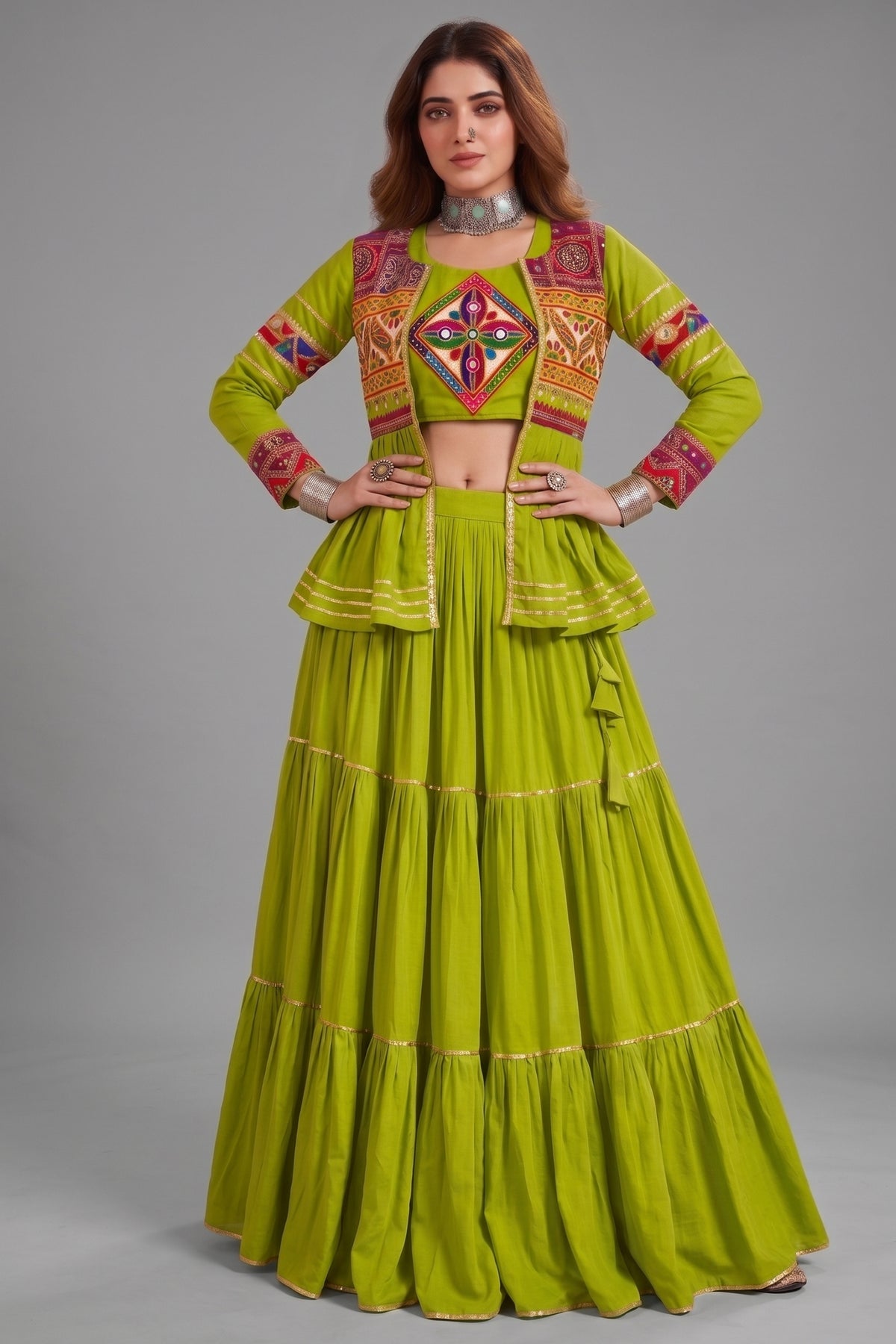 Parrot Green Cotton Kachchi Work Peplum Style Flared Lehenga