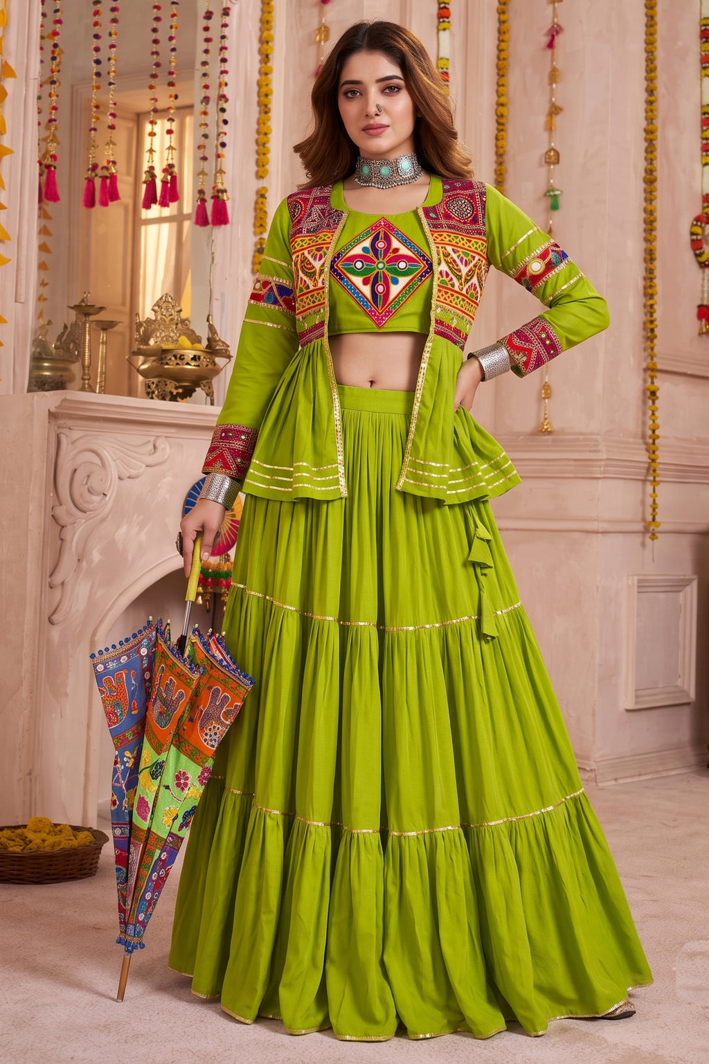 Parrot Green Cotton Kachchi Work Peplum Style Flared Lehenga