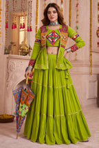 Parrot Green Cotton Kachchi Work Peplum Style Flared Lehenga