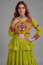 Parrot Green Cotton Kachchi Work Peplum Style Flared Lehenga