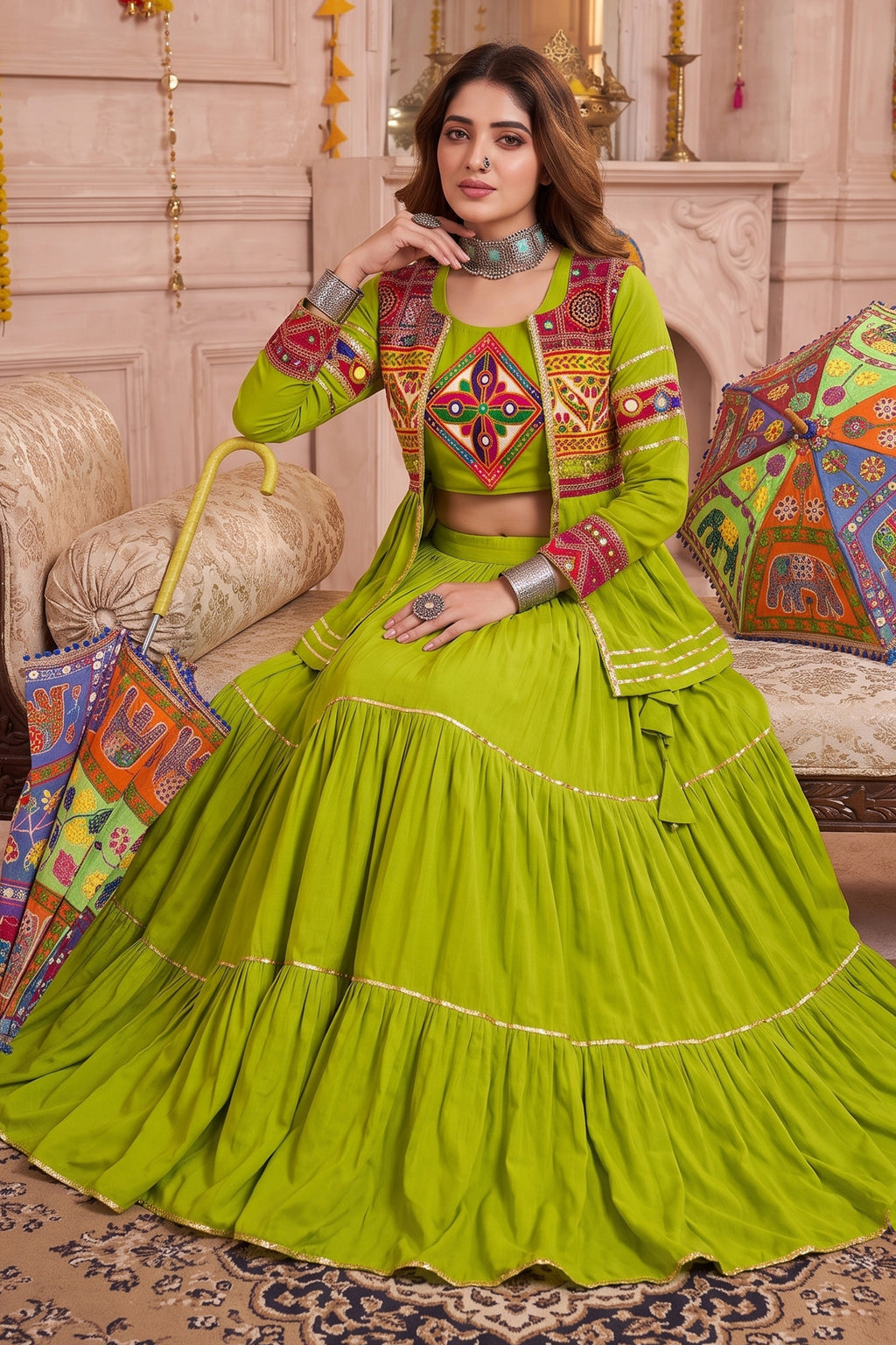 Parrot Green Cotton Kachchi Work Peplum Style Flared Lehenga