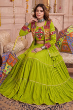 Parrot Green Cotton Kachchi Work Peplum Style Flared Lehenga