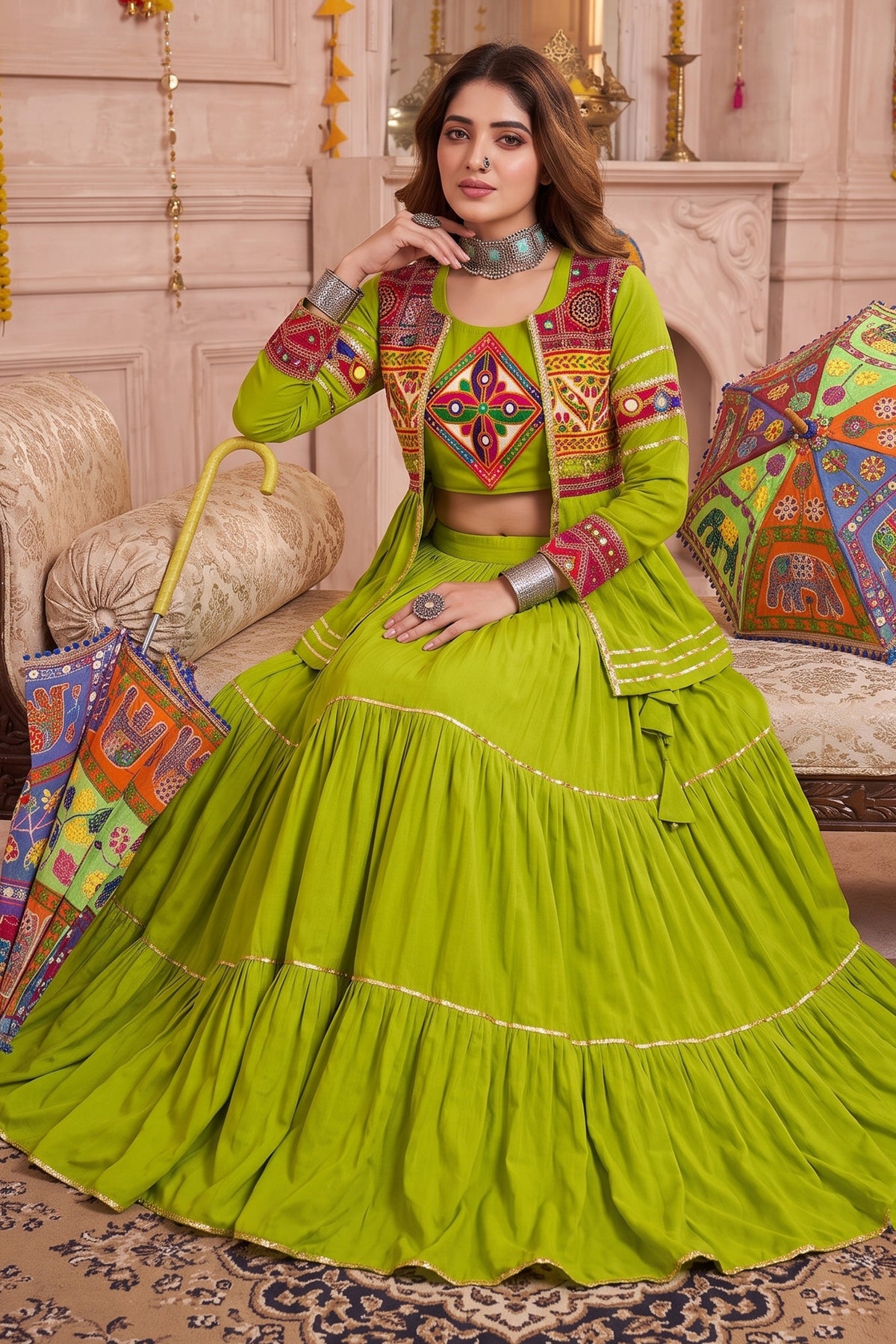 Parrot Green Cotton Kachchi Work Peplum Style Flared Lehenga