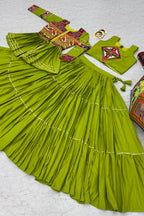 Parrot Green Cotton Kachchi Work Peplum Style Flared Lehenga