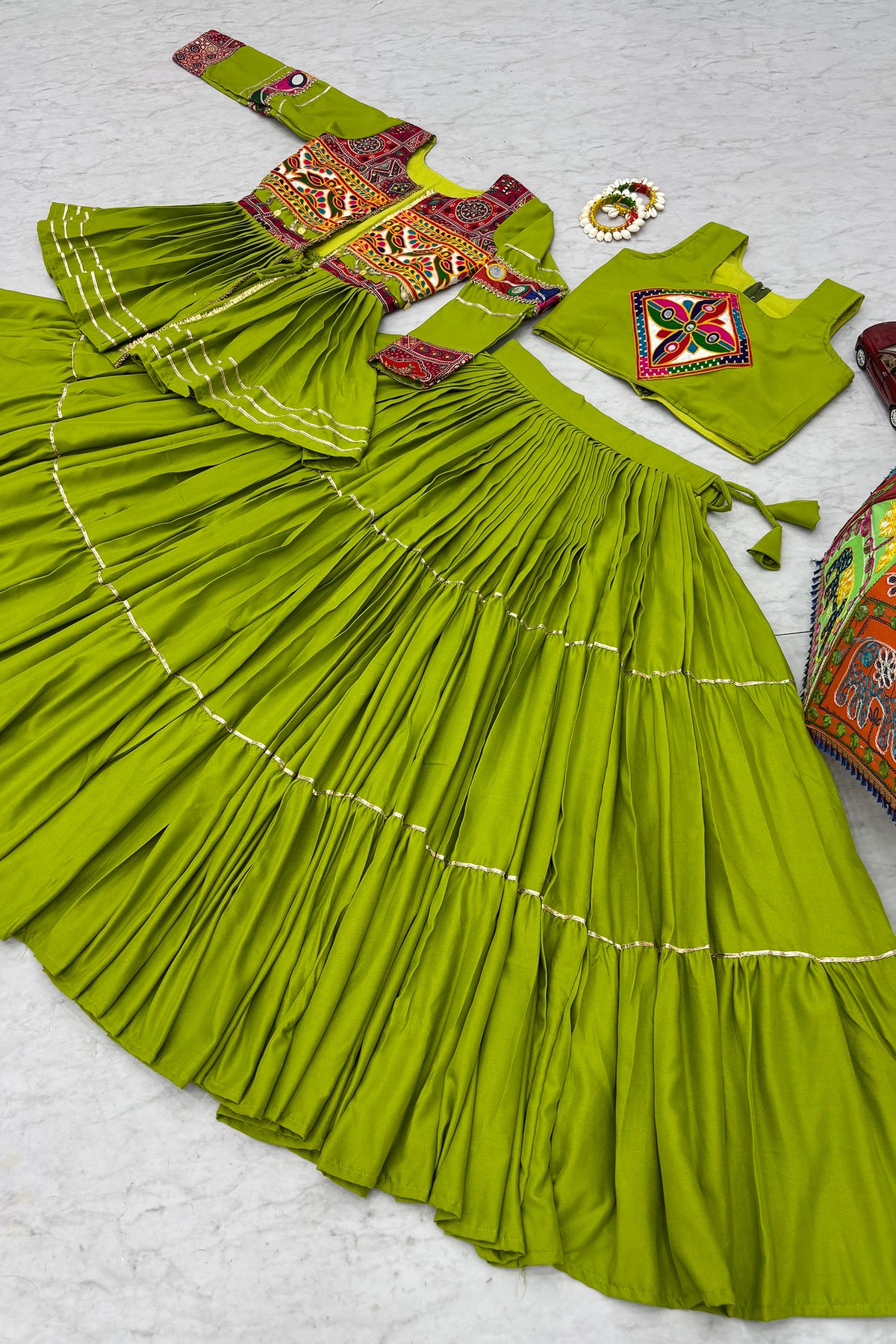 Parrot Green Cotton Kachchi Work Peplum Style Flared Lehenga