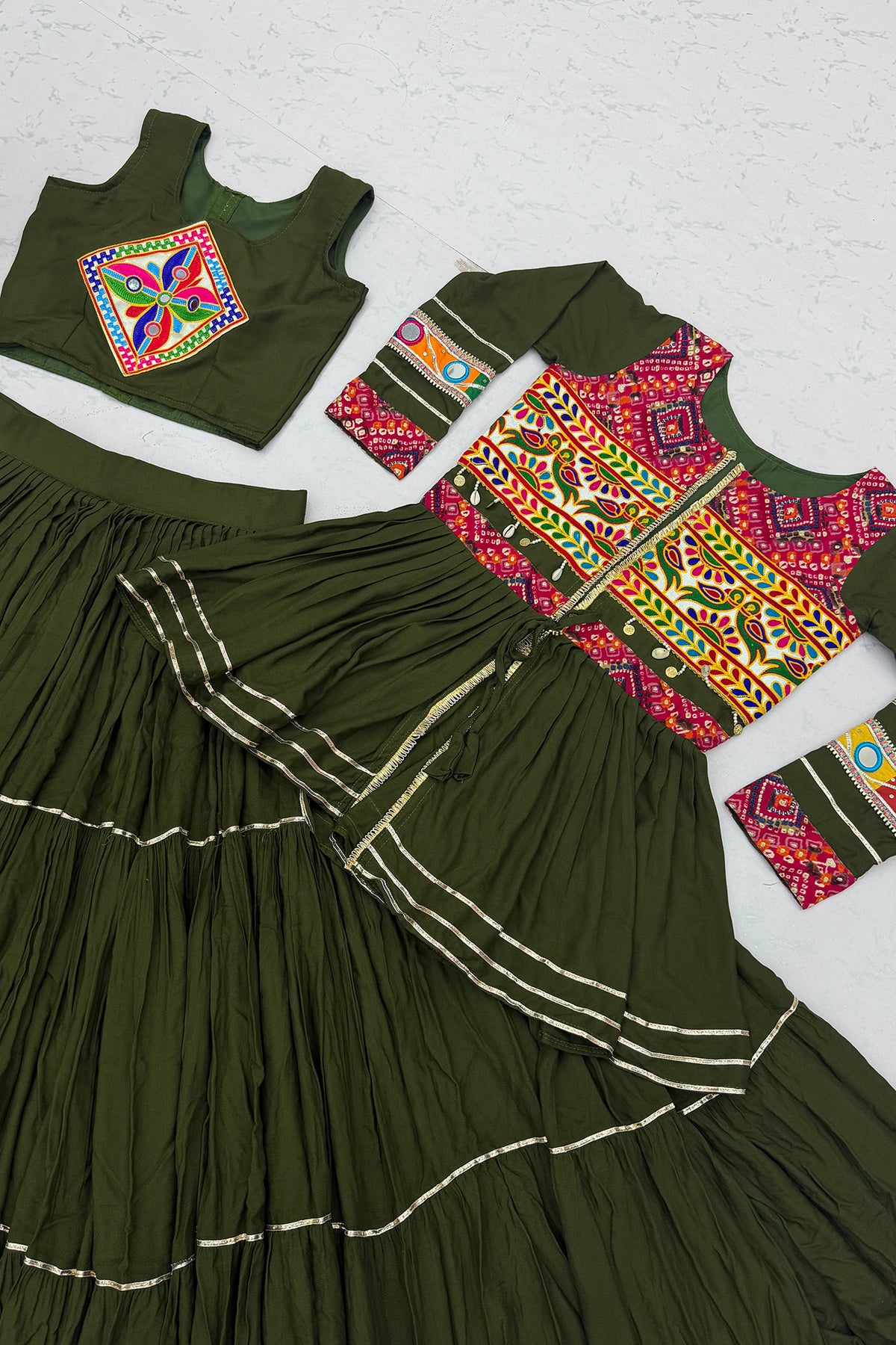Dark Olive Green Cotton Kachchi Work Peplum Style Flared Lehenga
