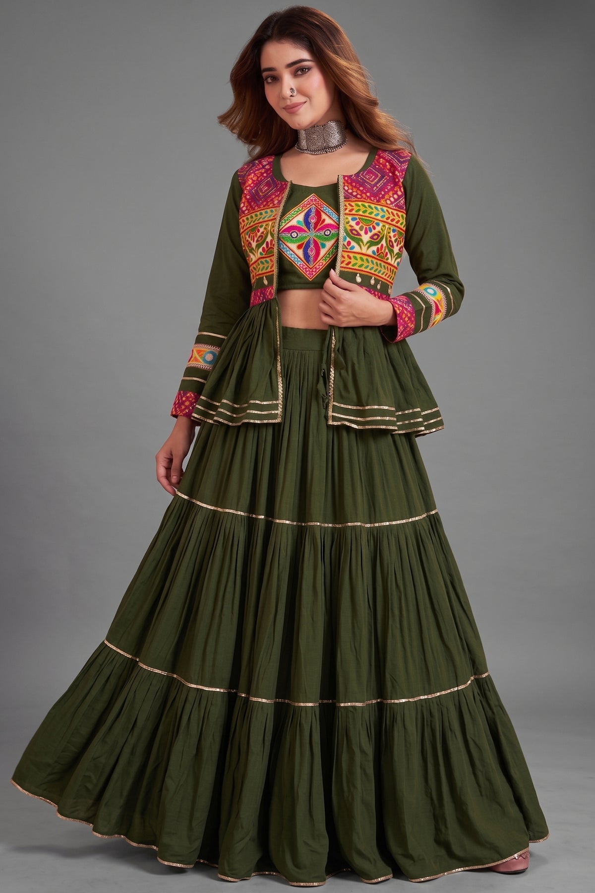 Dark Olive Green Cotton Kachchi Work Peplum Style Flared Lehenga