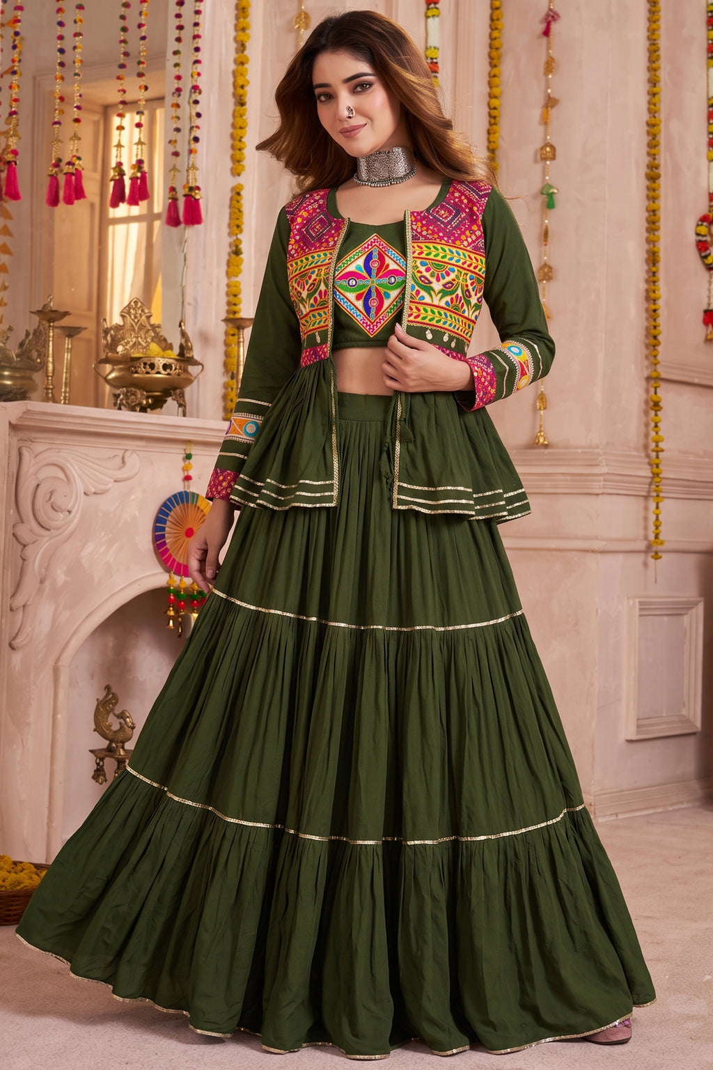 Dark Olive Green Cotton Kachchi Work Peplum Style Flared Lehenga