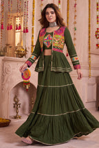Dark Olive Green Cotton Kachchi Work Peplum Style Flared Lehenga