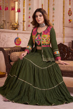 Dark Olive Green Cotton Kachchi Work Peplum Style Flared Lehenga