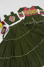 Dark Olive Green Cotton Kachchi Work Peplum Style Flared Lehenga