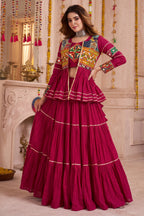 Pink Cotton Kachchi Work Peplum Style Flared Lehenga