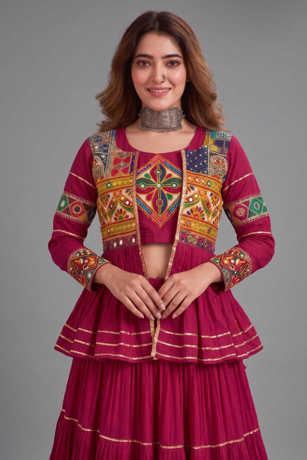 Pink Cotton Kachchi Work Peplum Style Flared Lehenga