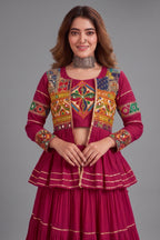 Pink Cotton Kachchi Work Peplum Style Flared Lehenga