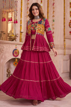 Pink Cotton Kachchi Work Peplum Style Flared Lehenga