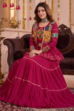 Pink Cotton Kachchi Work Peplum Style Flared Lehenga